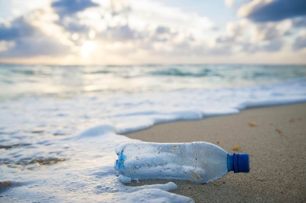 Plastic water bottle on the beach - circular economy examples - Dassault Systemes blog