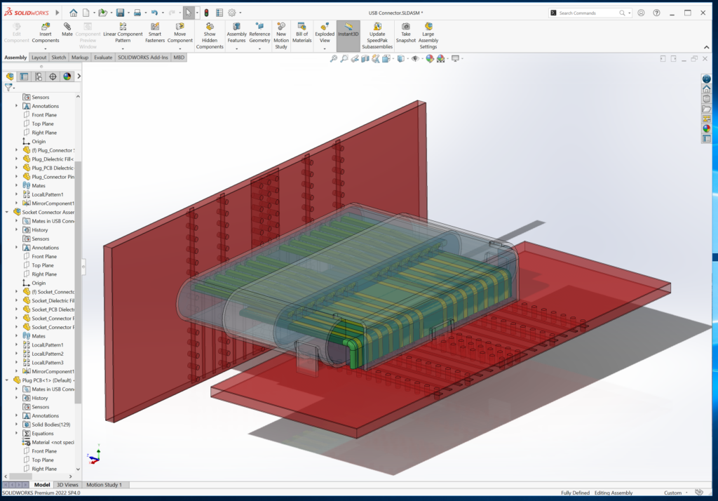 A model of the connector and PCBs in the SOLIDWORKS interface
