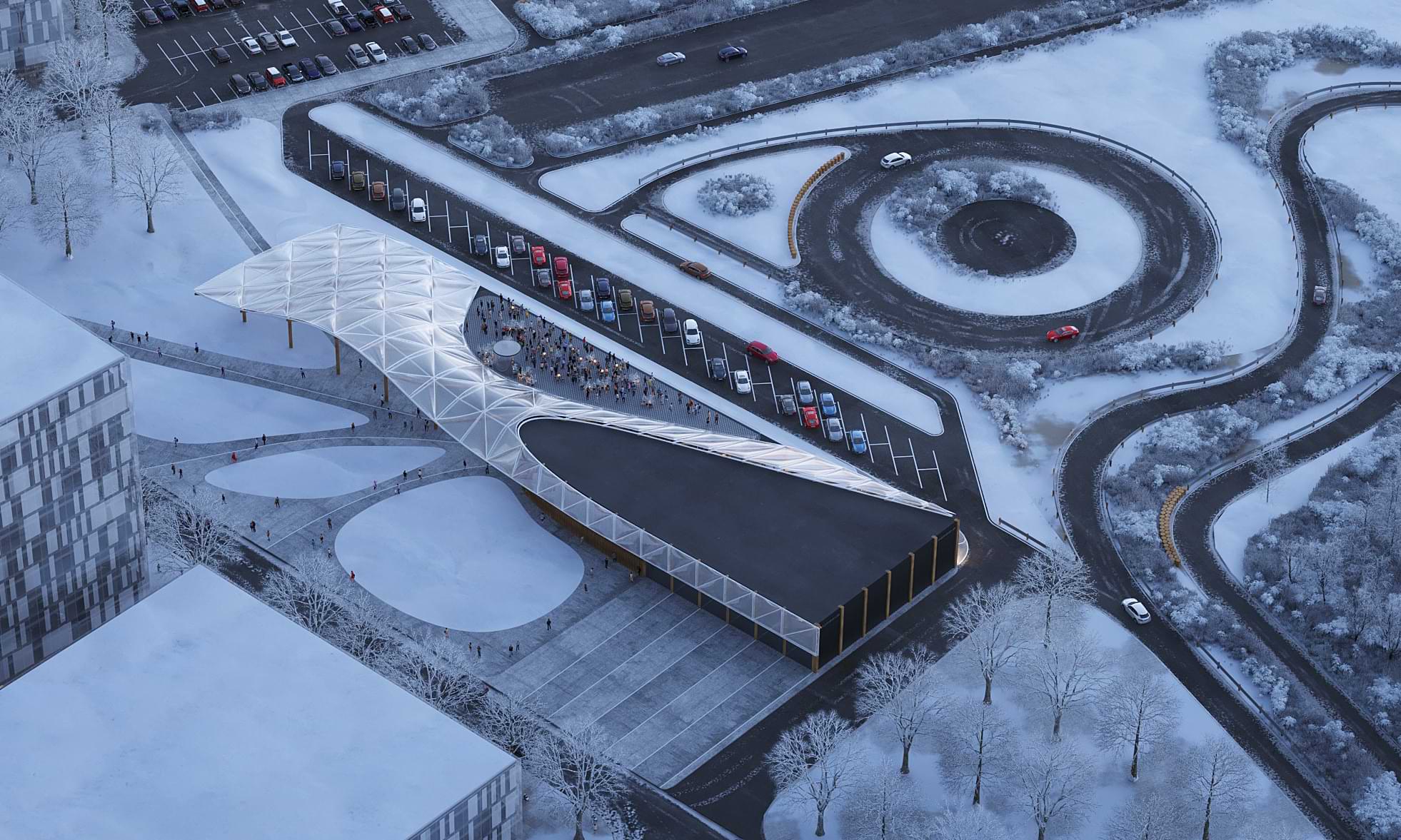 The EV Experience Center seen from above in snowy weather - Dassault Systèmes