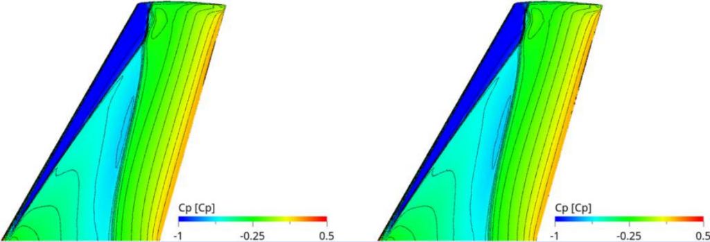 Pressure coefficient on the ONERA M6 wing, showing excellent agreement between the pure transonic simulation and the hybrid simulation.