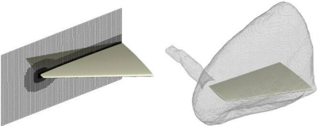 A wing model. On the left, a mesh is shown that is significantly denser near the model. On the right, a surface is shown enclosing the wing and trailing the wing tip.