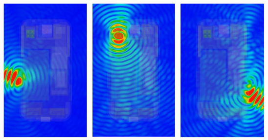 Three images of a smartphone with a contour plot of the electric field, showing beams from antennas in three different locations.