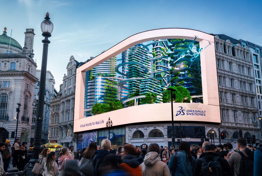 an eVTOL resuce roadster circles a city of tomorrow - Dassault Systemes at Piccadilly Circus - Dassault Systemes blog 