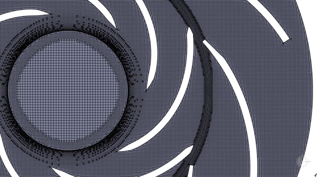 Close up showing the vanes of the impeller and diffuser, meshed for CFD simulations.