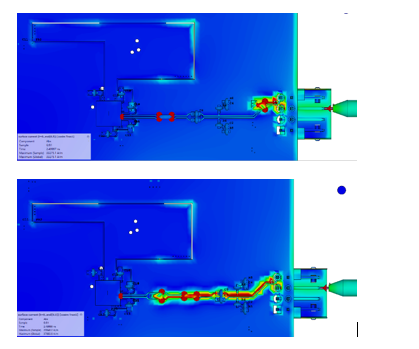 Color ramp contour plots showing surface currents on a PCB with a trace leading from an Ethernet connector to a chip. In the top image, the diode is placed close to the connector, resulting in little ESD penetration. In the bottom image, the diode is placed close to the chip, resulting in currents along a considerable length of trace.