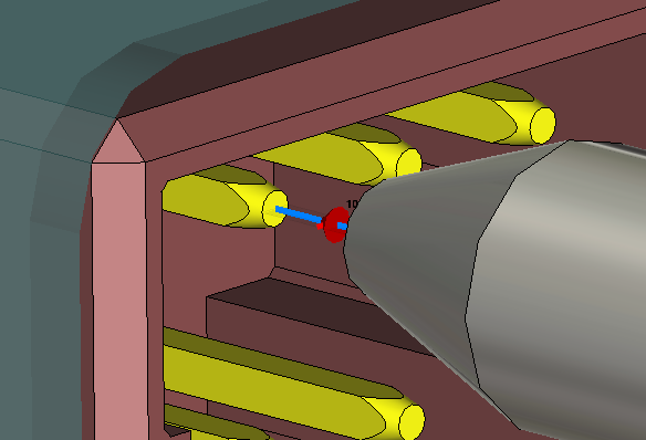 3D image of several copper connector pins on the left, a larger metallic pin on the right, and a blue line connecting them.