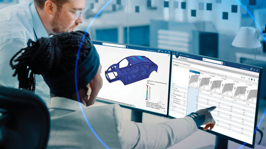 Two co-workers collaborating on the 3DEXPERIENCE platform using MODSIM to create a virtual car model.