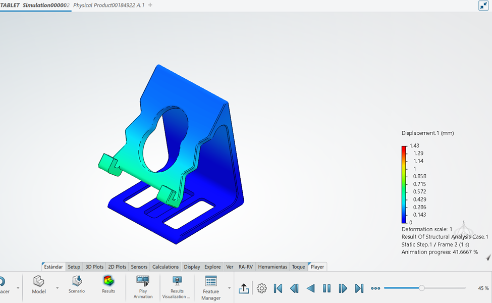 Martinez's first design simulation showcasing displacement results under load conditions