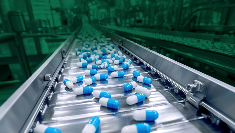Pills on a production line.