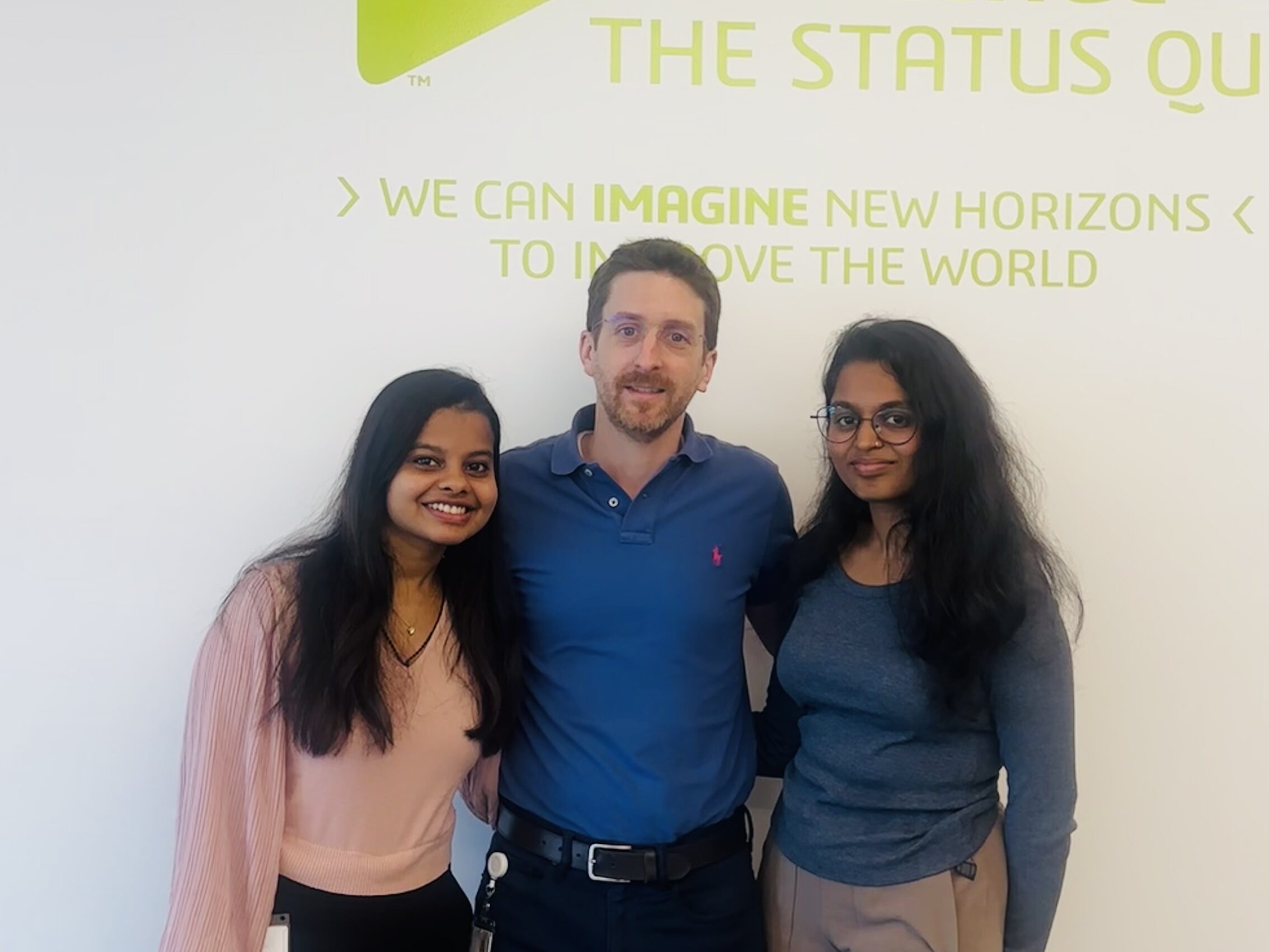Saahithi Sonati and Hermina Judith, Strategic Planning Interns for SOLIDWORKS, pose on their last day of work with their manager.
