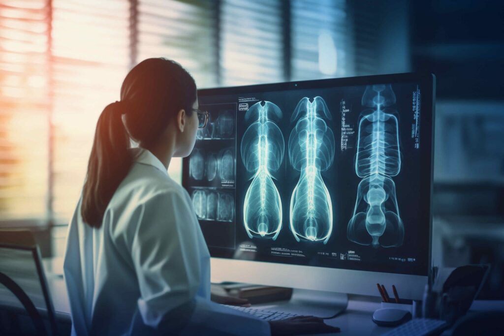A medical professional looks at a computer screen depicting X-rays -life saving medical technology - Dassault Systemes blog