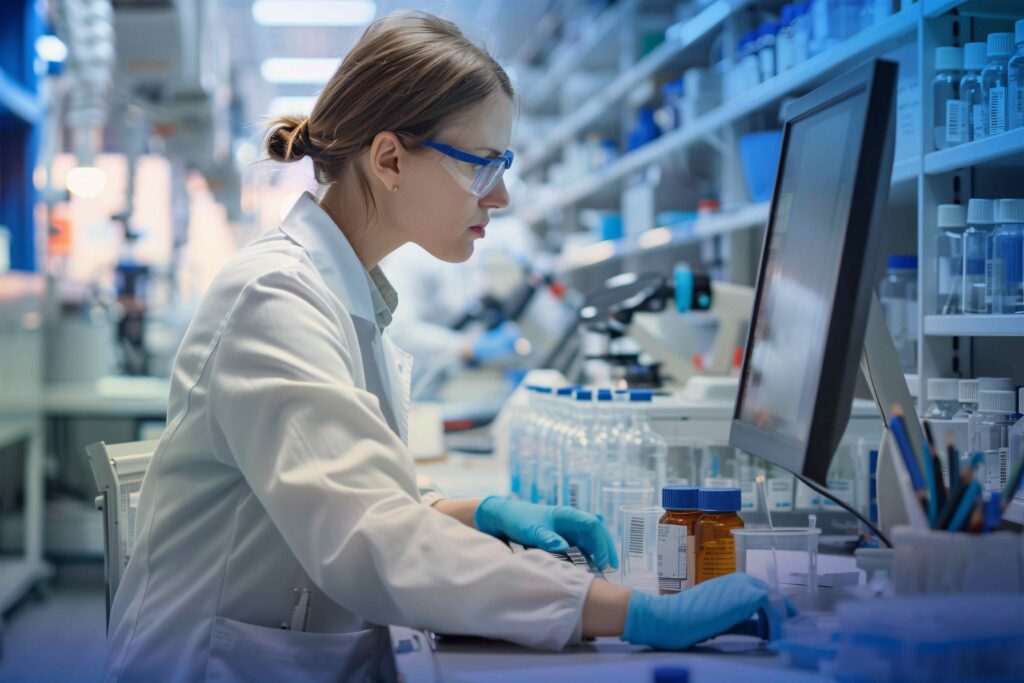 A woman sits in a lab in front of a computer, surrounded by medical vials - Ai in 2025 - Dassault Systemes blog