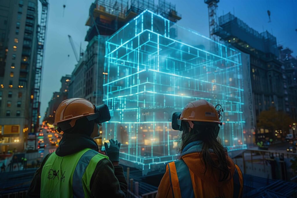 Construction workers stand before a virtual rendering of a building - 3D UNIV+RSES - Dassault Systemes blog