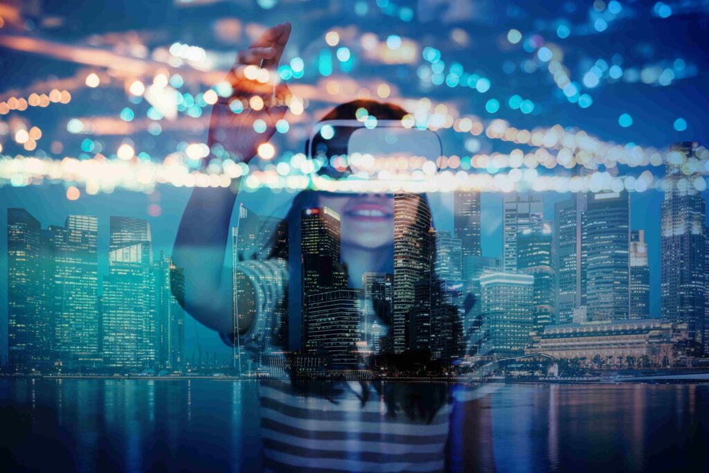 A child wears VR goggles, with a city in the background - 3D UNIV+RSES - Dassault Systemes blog