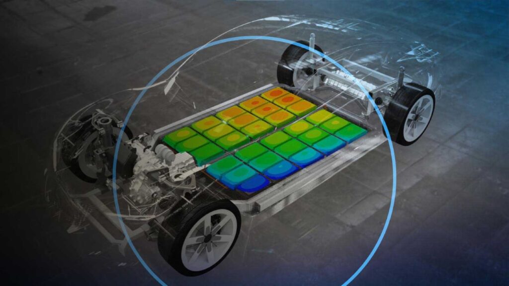 Image shows a simulation of an electric car with its battery.