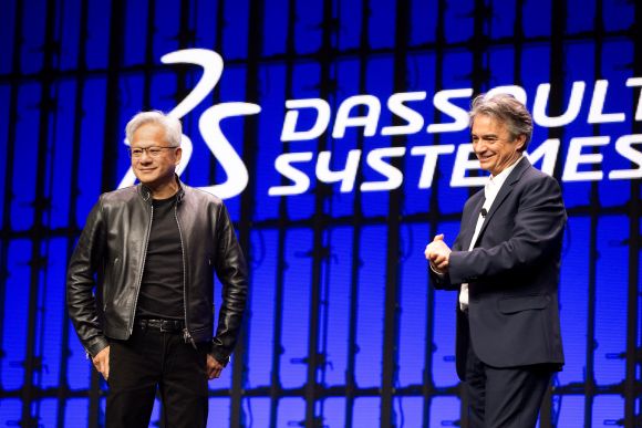 Dassault Systemes CEO Pascal Daloz and NVIDIA CEO Jensen Huang on stage at 3DEXPERIENCE World - AI for industry - Dassault Systemes blog