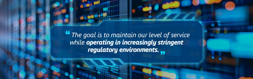 Abstract digital infrastructure background with glowing data visuals and a highlighted quote about maintaining service levels in increasingly stringent regulatory environments.