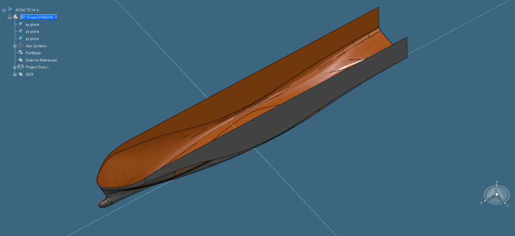 3D ship hull surface model displayed in a digital engineering environment, with highlighted hull geometry and structural surfaces.