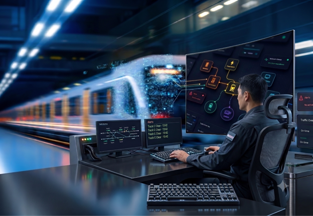 Rail planner working at a multi-screen control desk beside a high-speed train