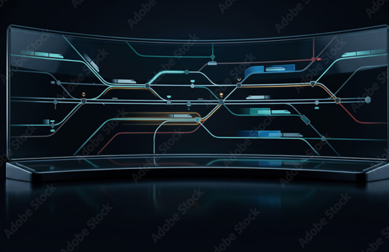 Digital map of interconnected rail lines displayed on a curved screen
