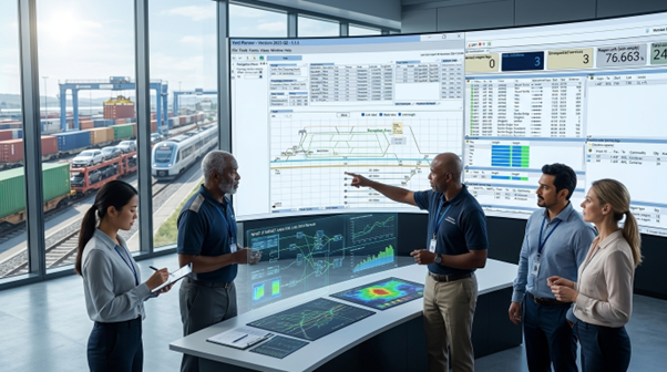 Rail planners reviewing integrated rail planning screens in a control room