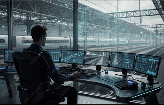 Operator monitoring rail operations on multiple screens in a control room overlooking a station