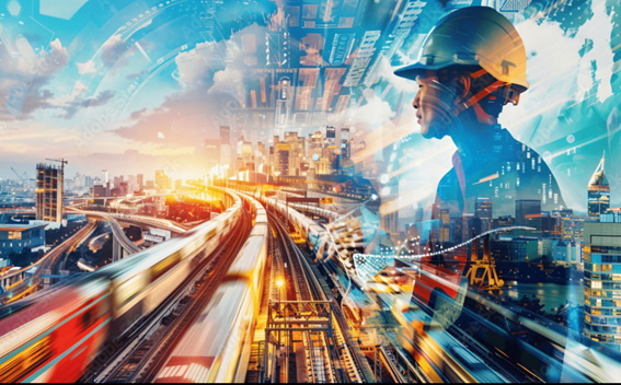 Engineer in a hard hat overlaid on a city rail network at sunset