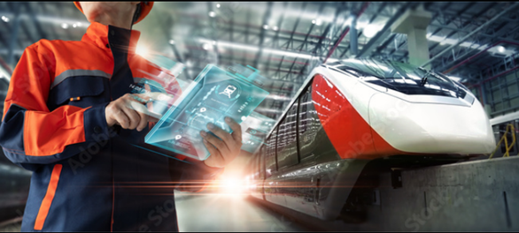 Technician using a holographic tablet beside a modern train in a maintenance depot